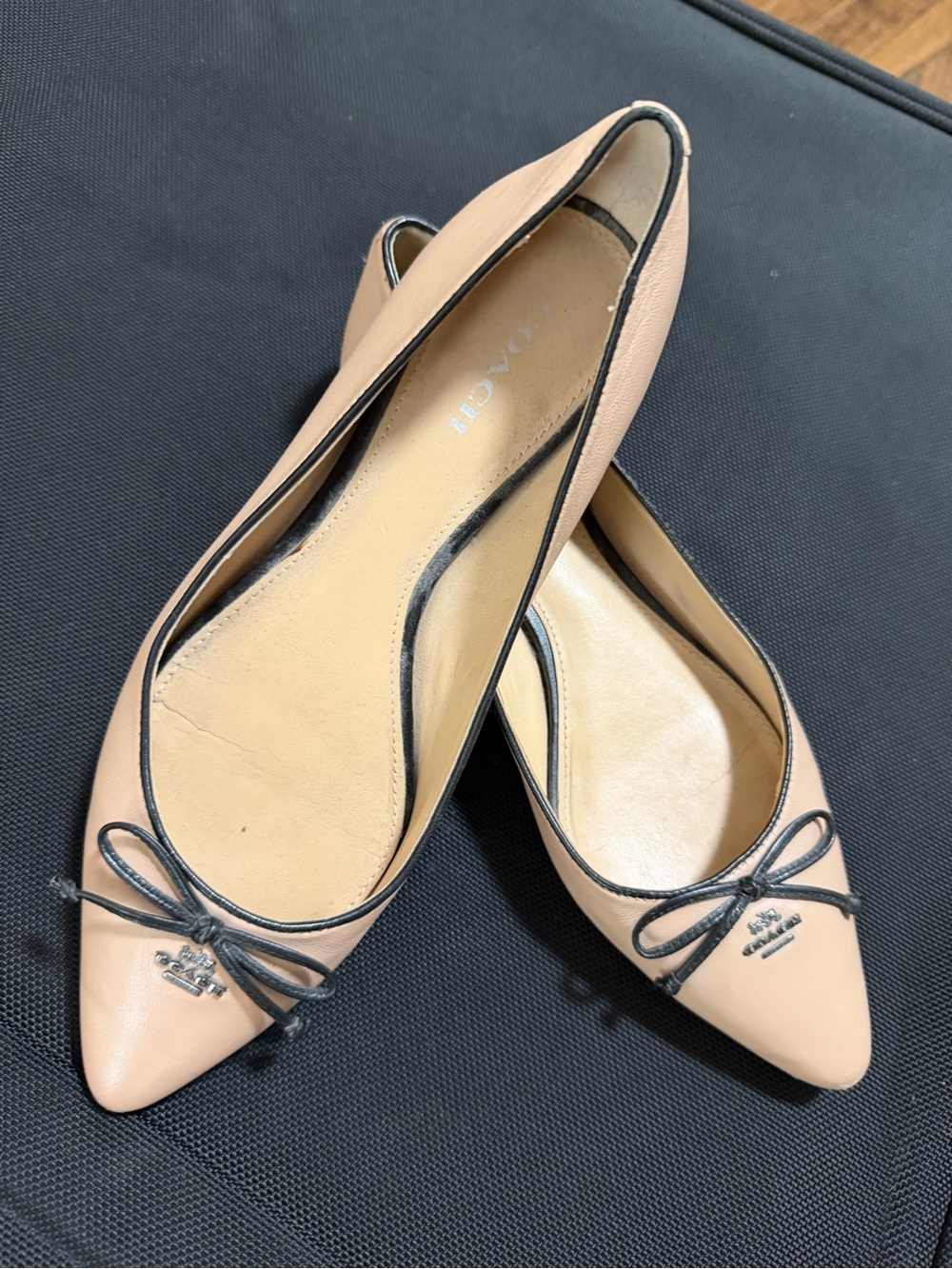 Coach Nude Leather Pointed-Toe Flats with Black Trim and Bow